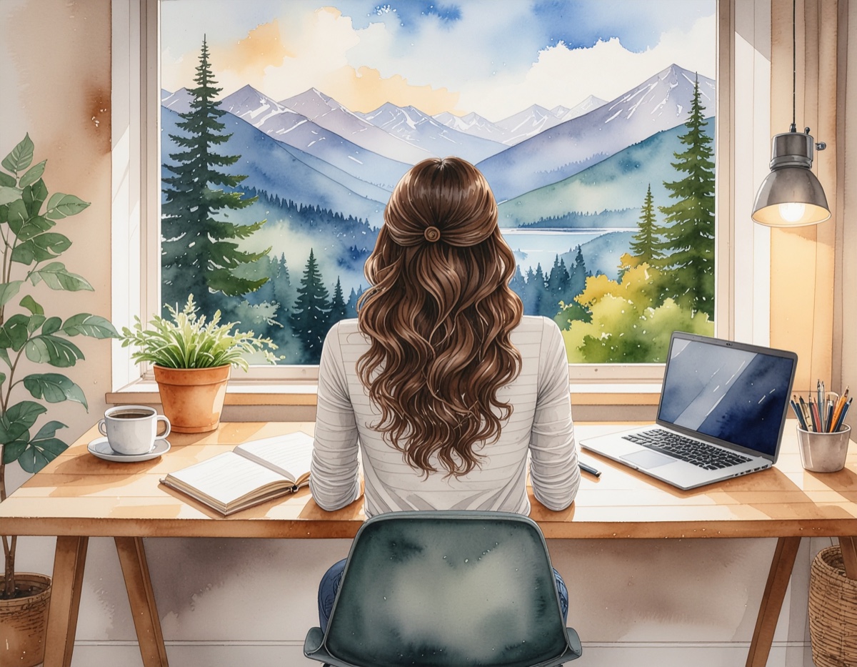 Watercolor illustration of a writer at her desk, facing the mountains
